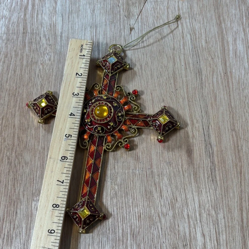 Vintage Jeweled Cross Christmas Ornament Gold Burgundy Enamel Religious Decor